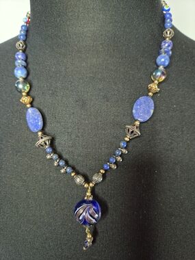 RARE Vintage Artisan Lapis Lazuli & Lampwork Glass Statement Necklace *EVC